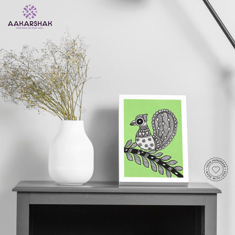 Handmade Madhubani peacock painting-with tabletop stand for home decor