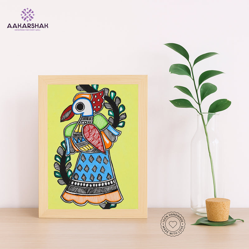 Handmade Madhubani peacock painting-with tabletop stand for home decor
