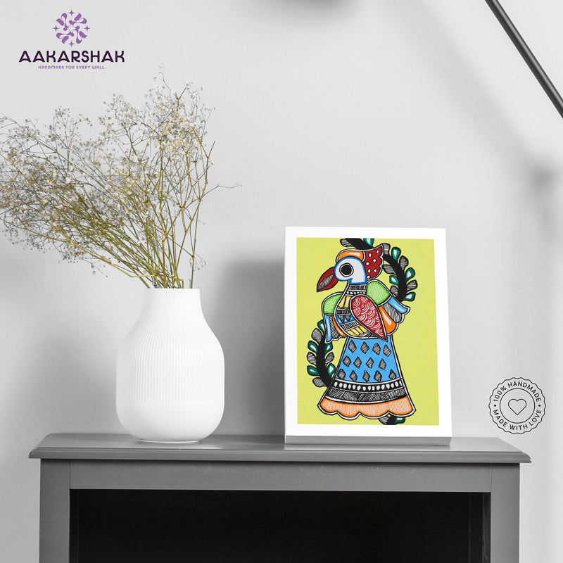 Handmade Madhubani peacock painting-with tabletop stand for home decor
