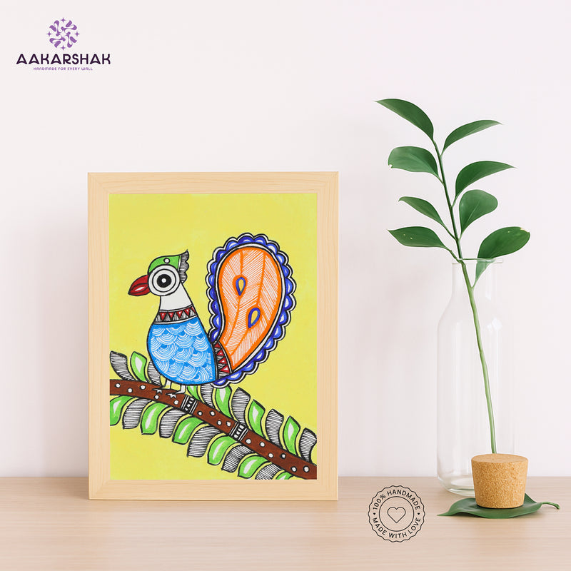 Handmade Madhubani peacock painting-with tabletop stand for home decor