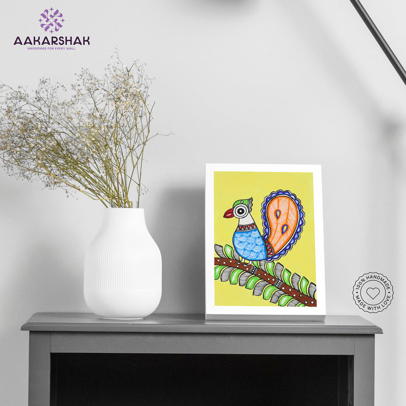 Handmade Madhubani peacock painting-with tabletop stand for home decor