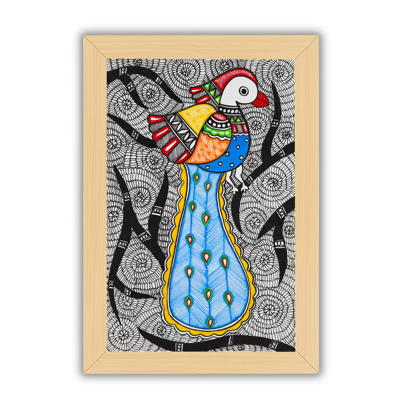 handmade madhubani painting painting peacock-in vibrant traditional folk art style