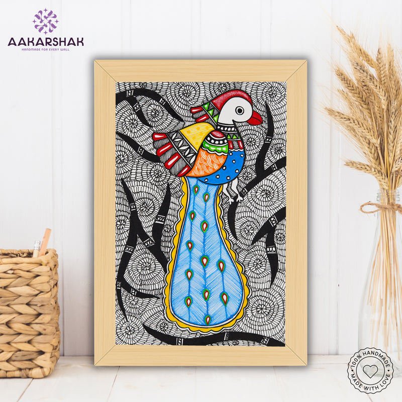 handmade madhubani painting peacock painting-with tabletop stand for home decor