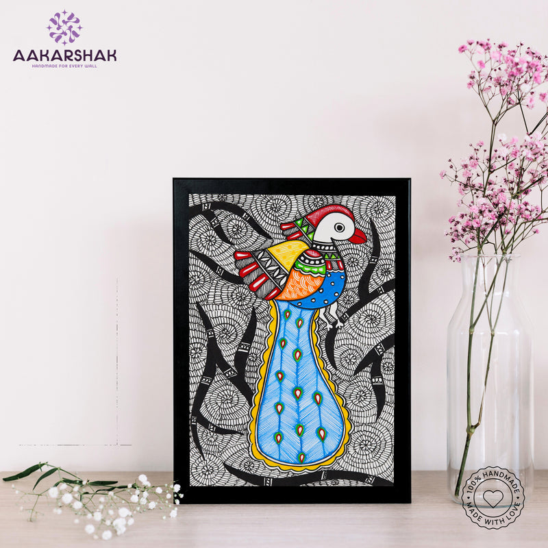 handmade madhubani painting peacock painting-with tabletop stand for home decor