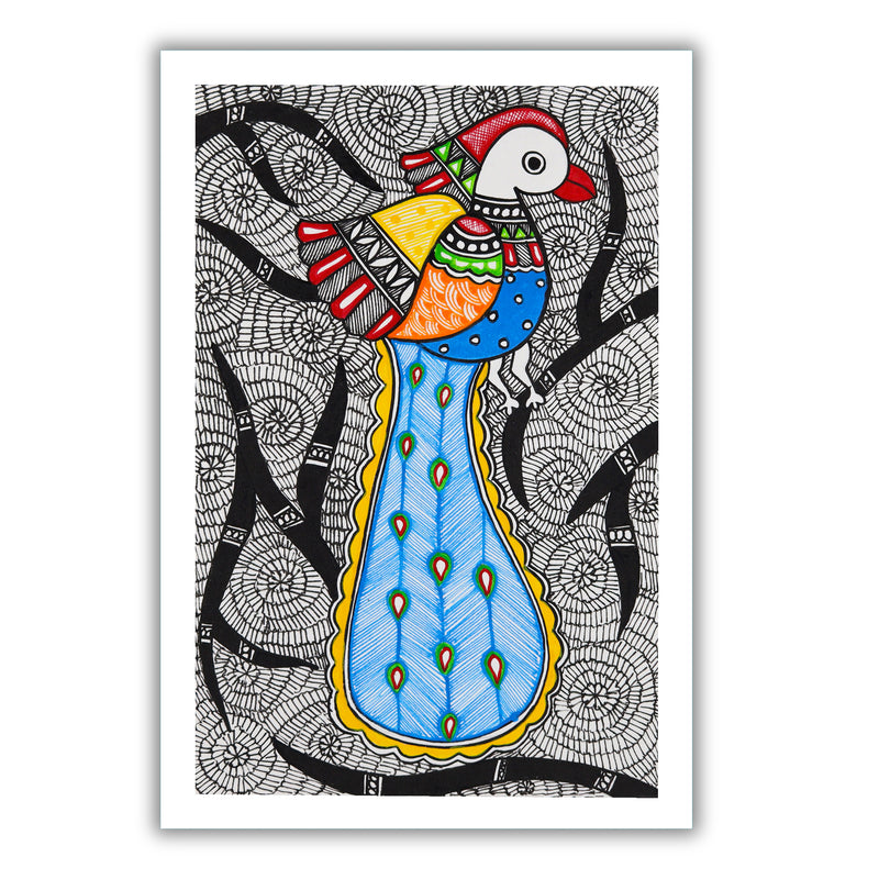 handmade madhubani painting painting peacock-in vibrant traditional folk art style