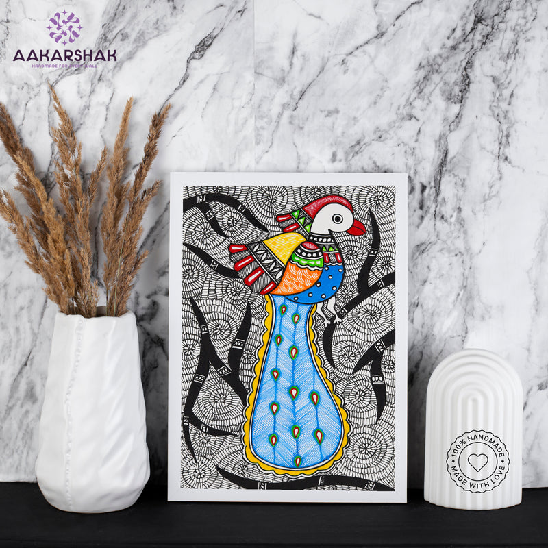 handmade madhubani painting peacock painting-with tabletop stand for home decor