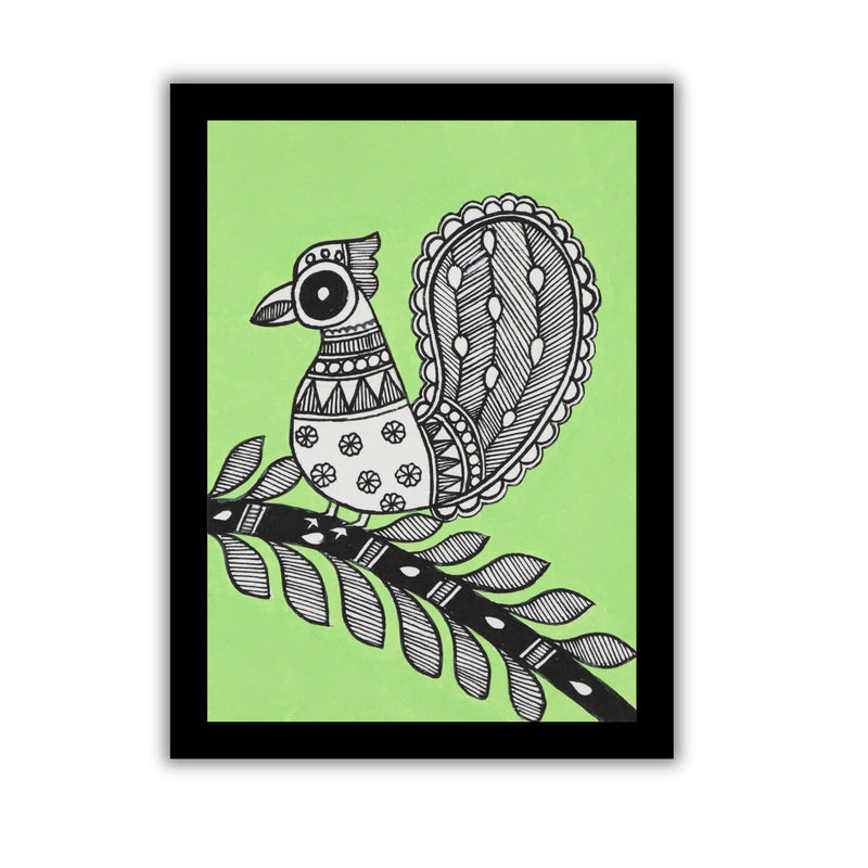 Handmade Madhubani painting with peacock design, framed and ready to hang – Indian folk art on wall