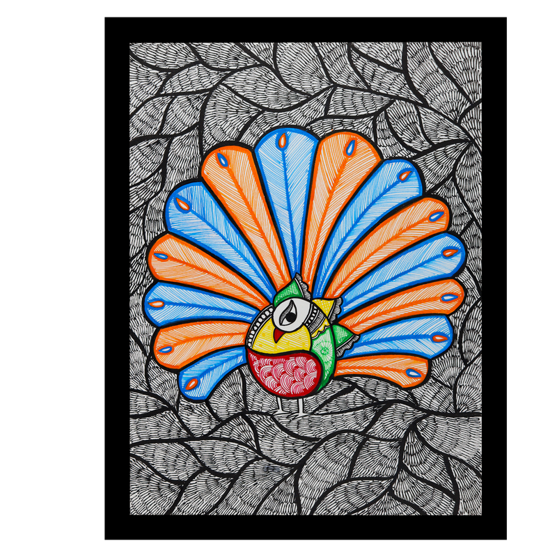Framed artwork of a colorful dancing peacock -with handmade madhubani painting