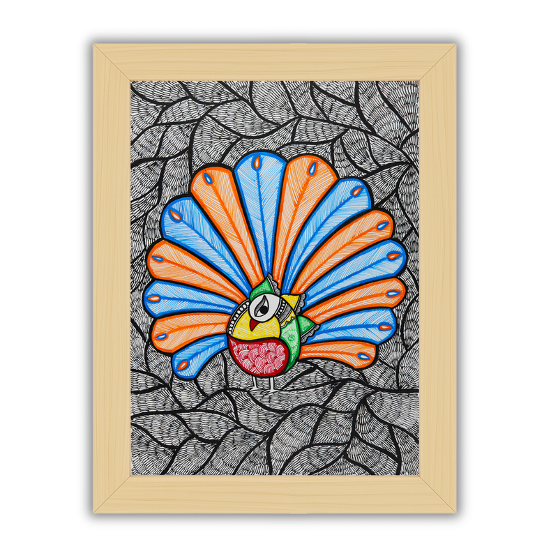 Framed artwork of a colorful dancing peacock -with handmade madhubani painting