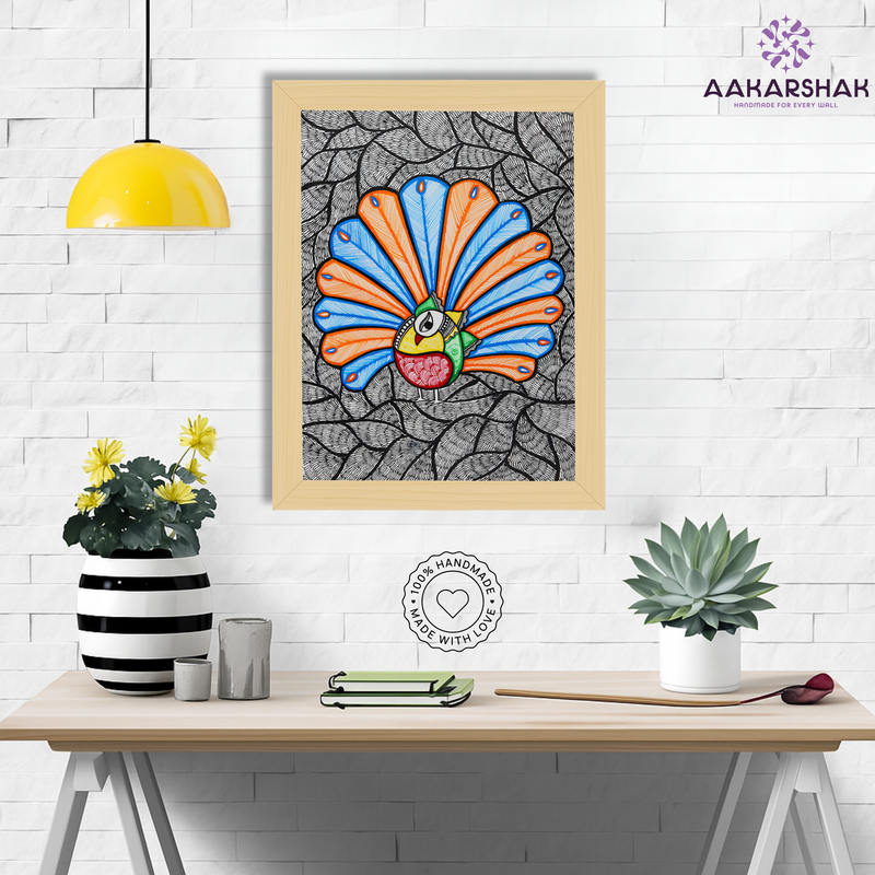 Framed artwork with dancing peacock design -handmade madhubani painting for home decor