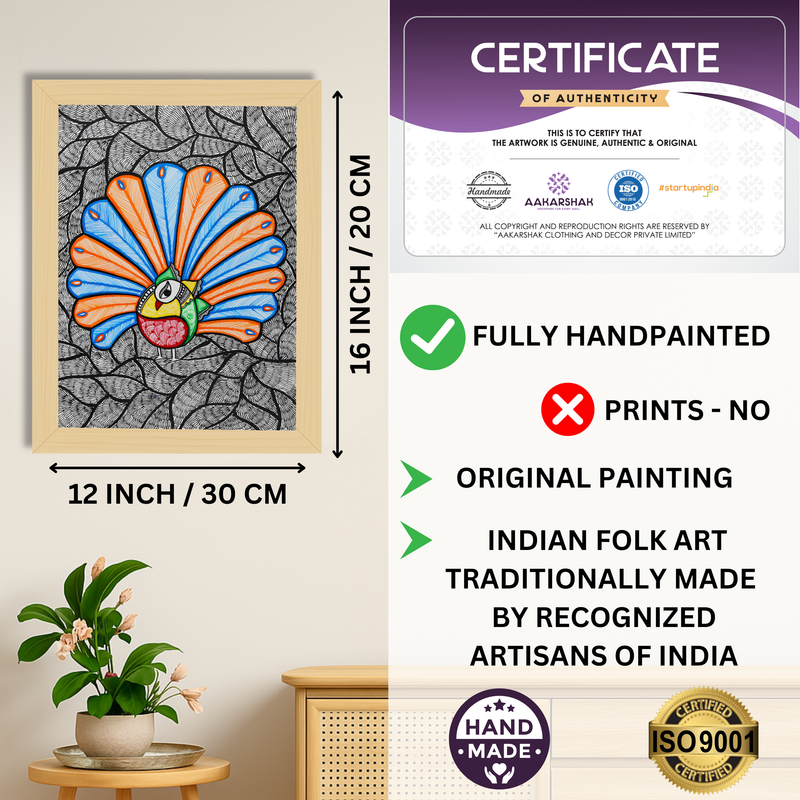 Framed artwork with dimensions, authenticity certificate and handmade iso certified-peacock madhubani painting