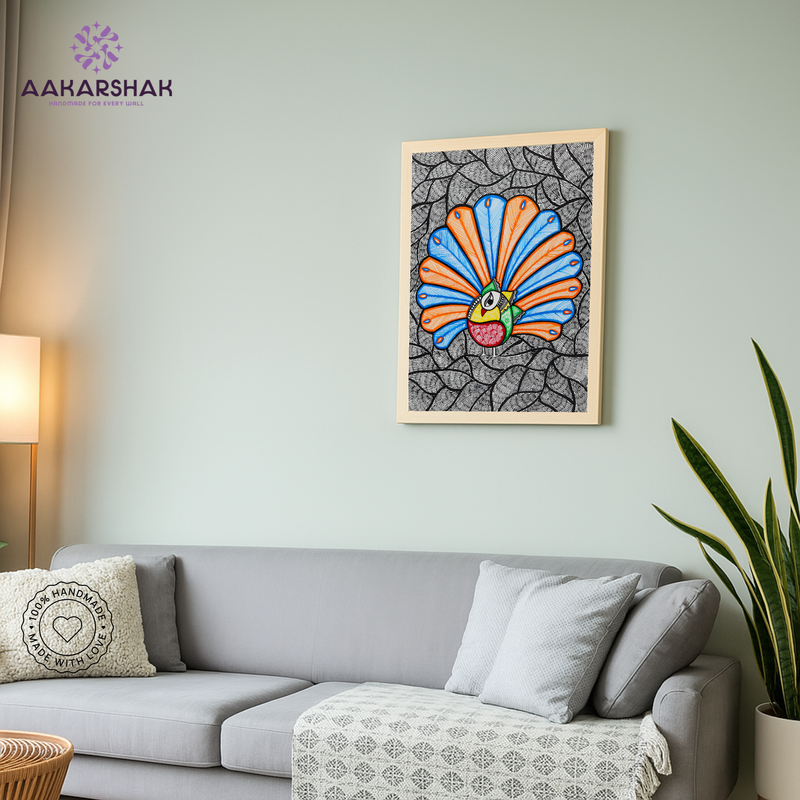 vibrant handmade dancing peacock painting-depicting indian folk traditions