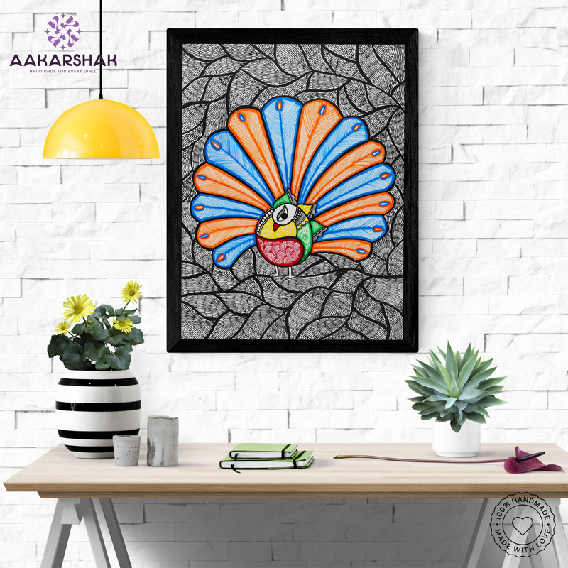 Framed artwork with dancing peacock design -handmade madhubani painting for home decor