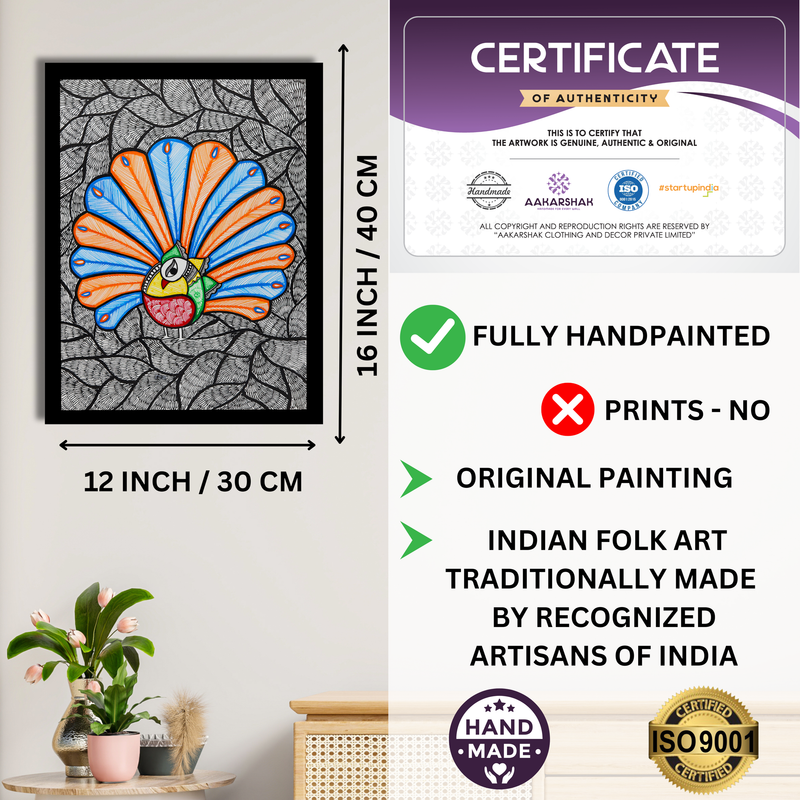 Framed artwork with dimensions, authenticity certificate and handmade iso certified-peacock madhubani painting