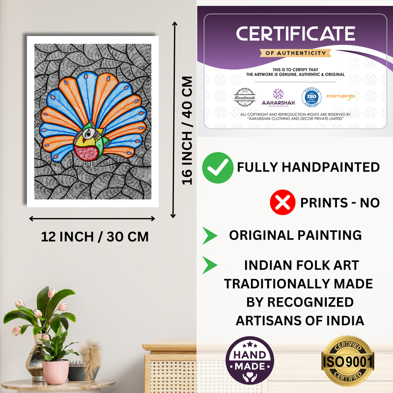 Framed artwork with dimensions, authenticity certificate and handmade iso certified-peacock madhubani painting