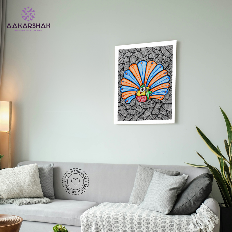 vibrant handmade dancing peacock painting-depicting indian folk traditions
