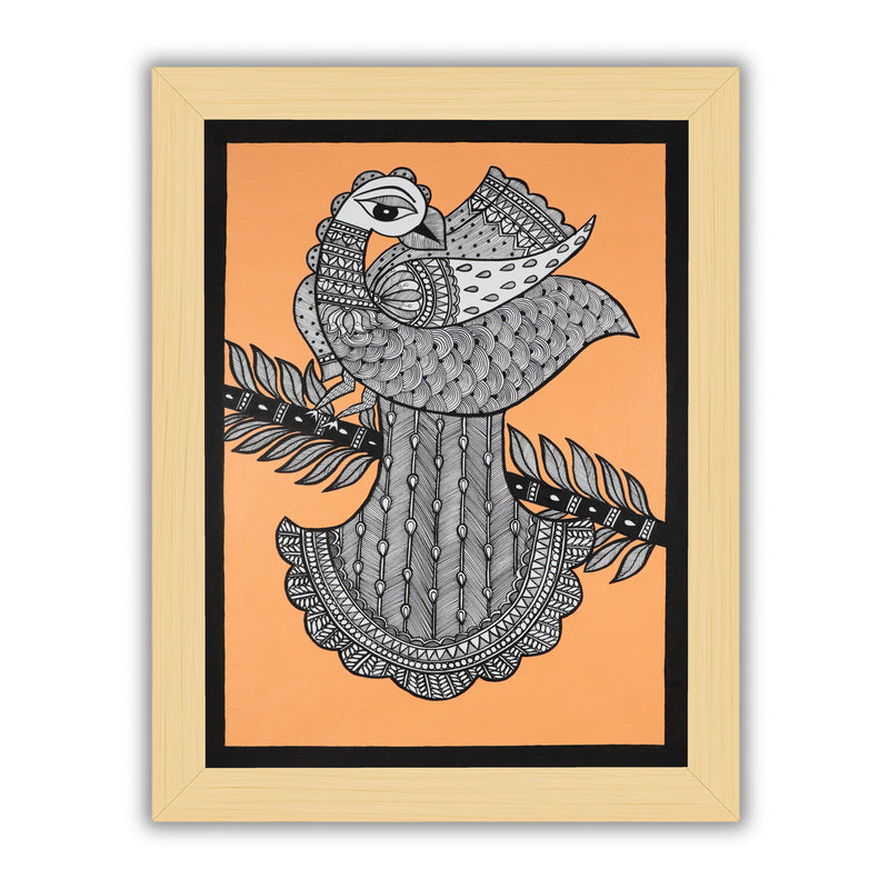 Framed artwork of a colorful peacock with handmade madhubani painting