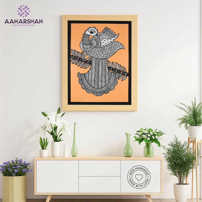 Framed artwork with peacock design-handmade madhubani painting for home decor