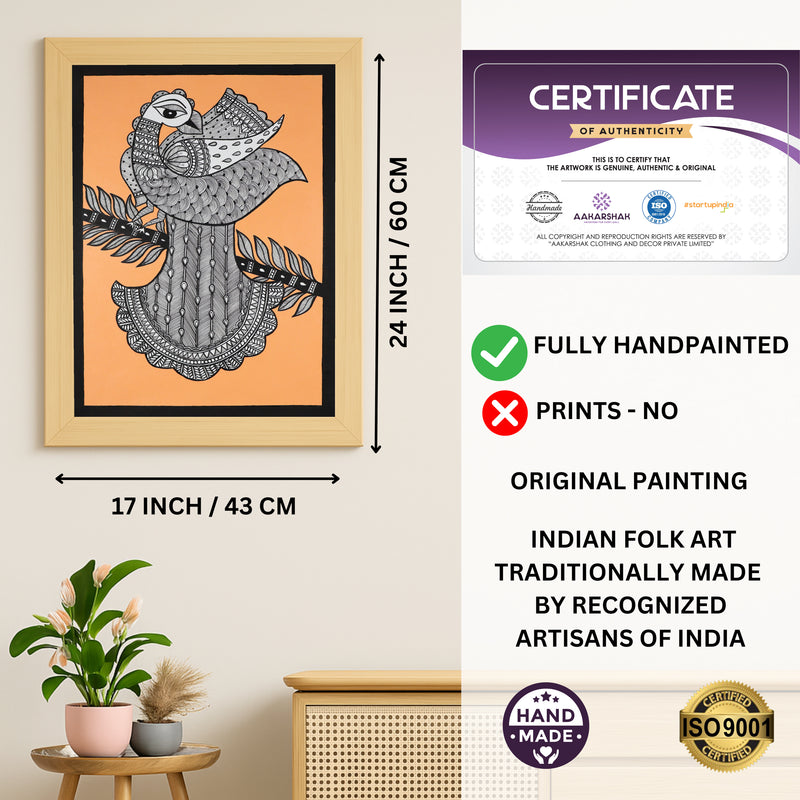 Framed artwork with dimensions, authenticity certificate and handmade iso certified peacock madhubani painting