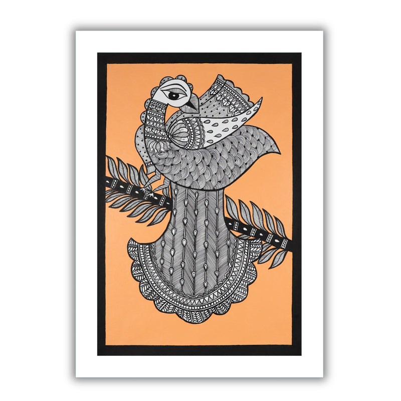 Framed artwork of a colorful peacock with handmade madhubani painting