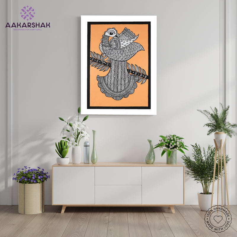 Framed artwork with peacock design-handmade madhubani painting for home decor
