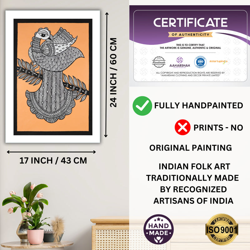 Framed artwork with dimensions, authenticity certificate and handmade iso certified peacock madhubani painting