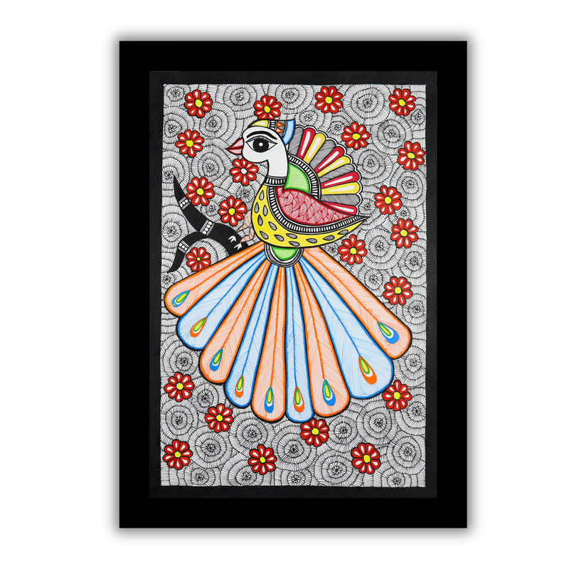 Framed artwork of a colorful peacock with handmade madhubani painting