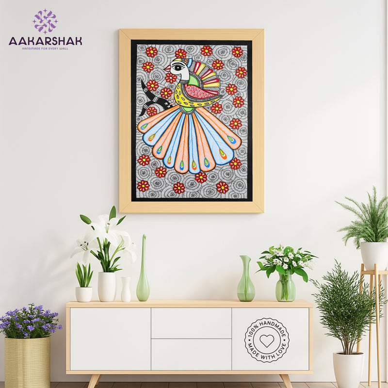 Framed artwork with peacock design-handmade madhubani painting for home decor