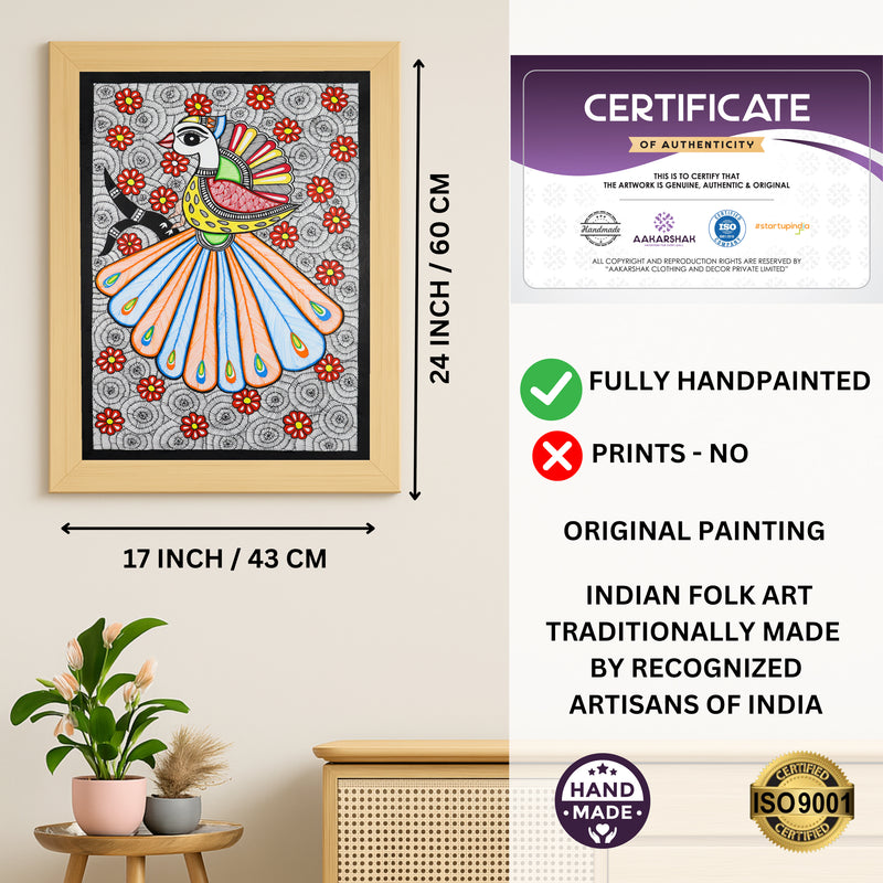 Framed artwork with dimensions, authenticity certificate and handmade iso certified peacock madhubani painting