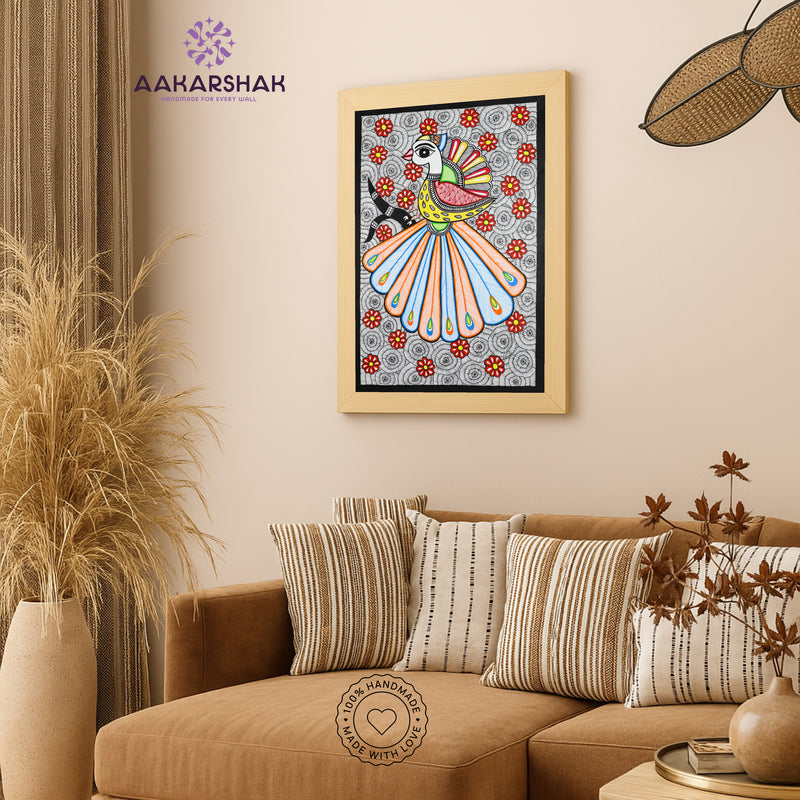 vibrant handmade peacock painting-depicting indian folk tradition