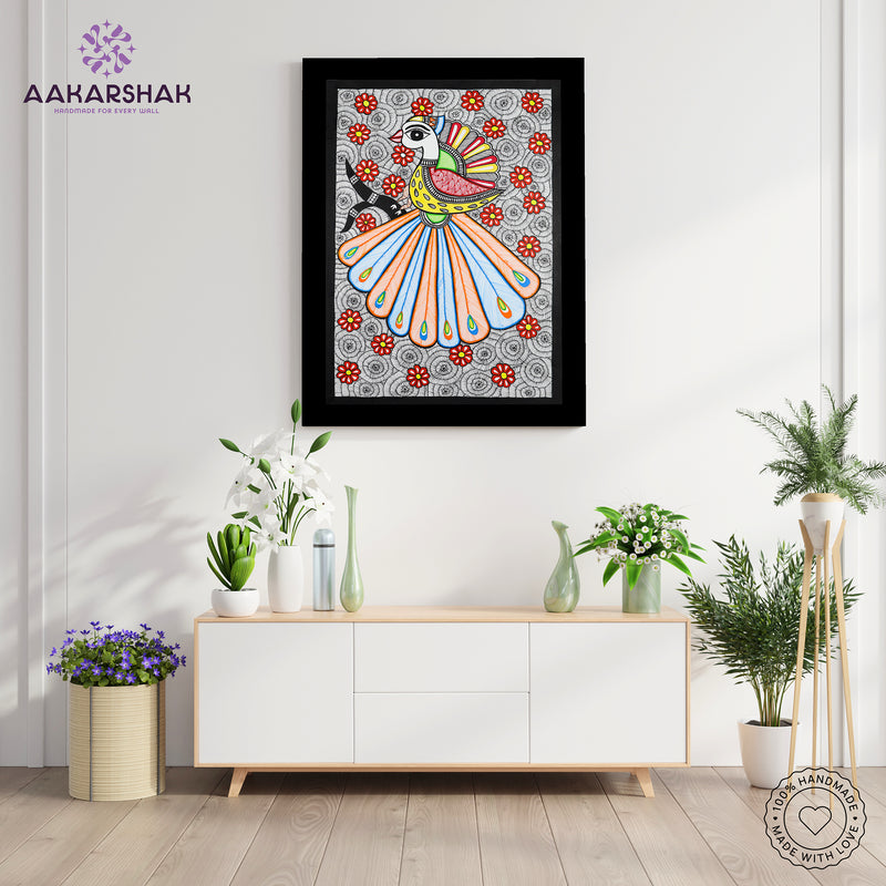 Framed artwork with peacock design-handmade madhubani painting for home decor