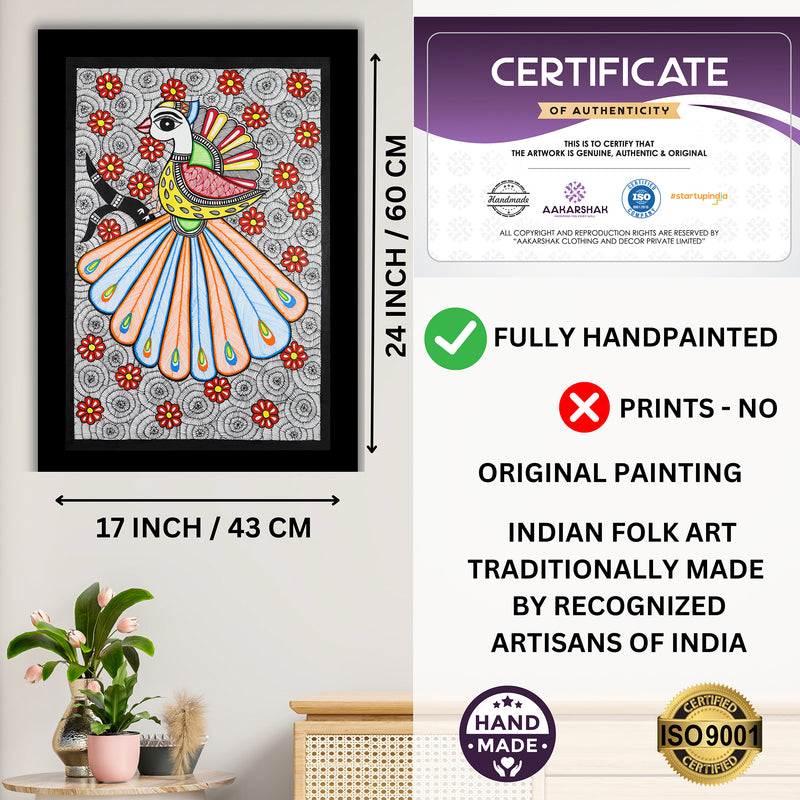 Framed artwork with dimensions, authenticity certificate and handmade iso certified peacock madhubani painting