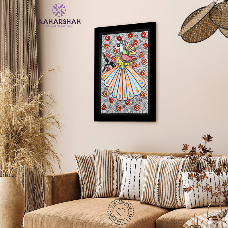 vibrant handmade peacock painting-depicting indian folk tradition