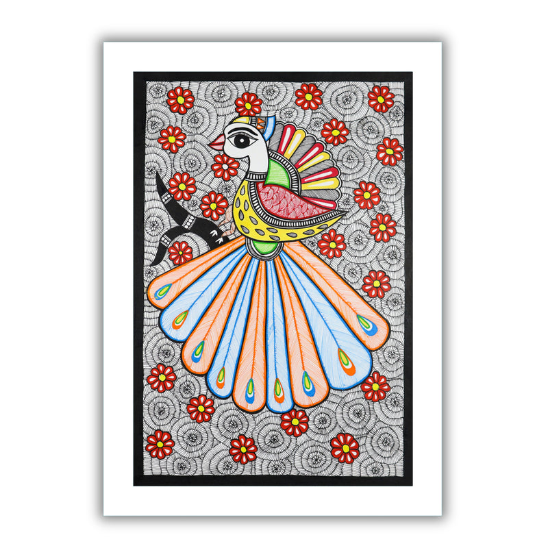 Framed artwork of a colorful peacock with handmade madhubani painting