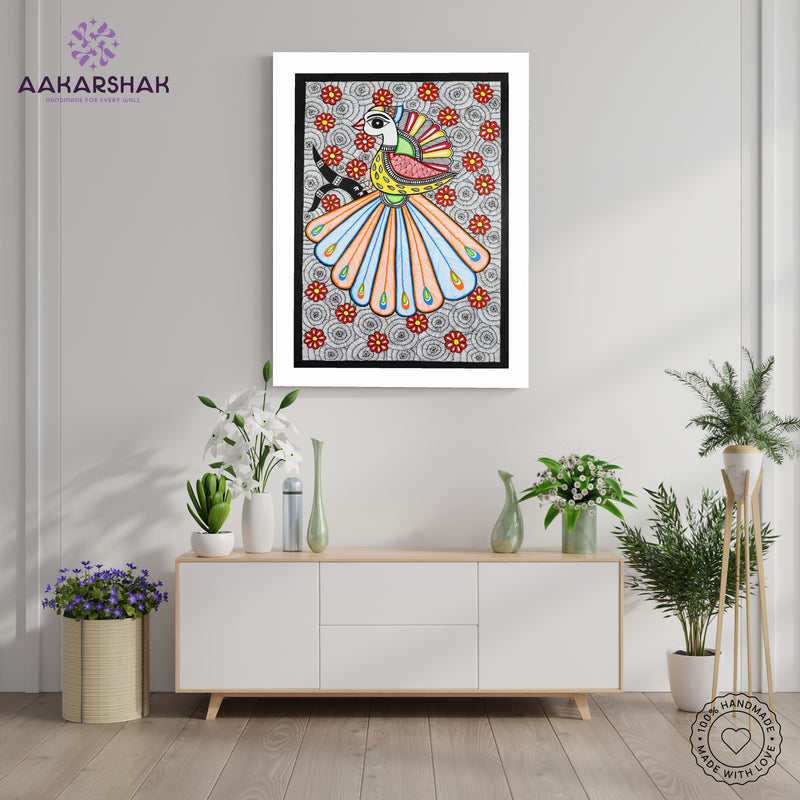 Framed artwork with peacock design-handmade madhubani painting for home decor