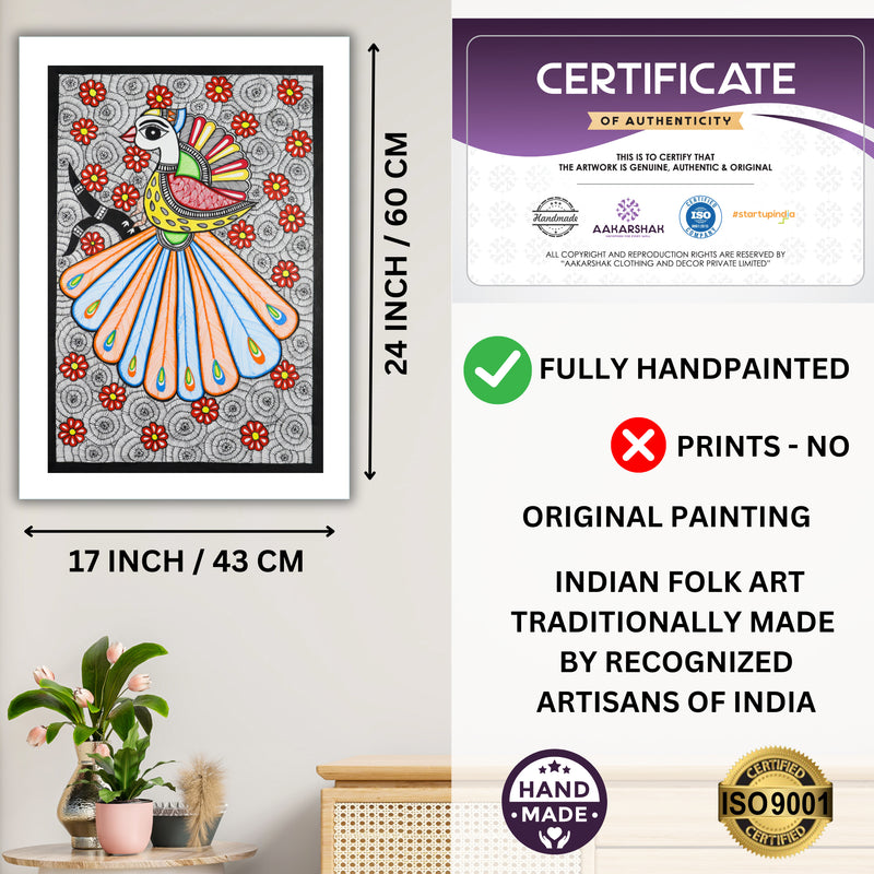 Framed artwork with dimensions, authenticity certificate and handmade iso certified peacock madhubani painting