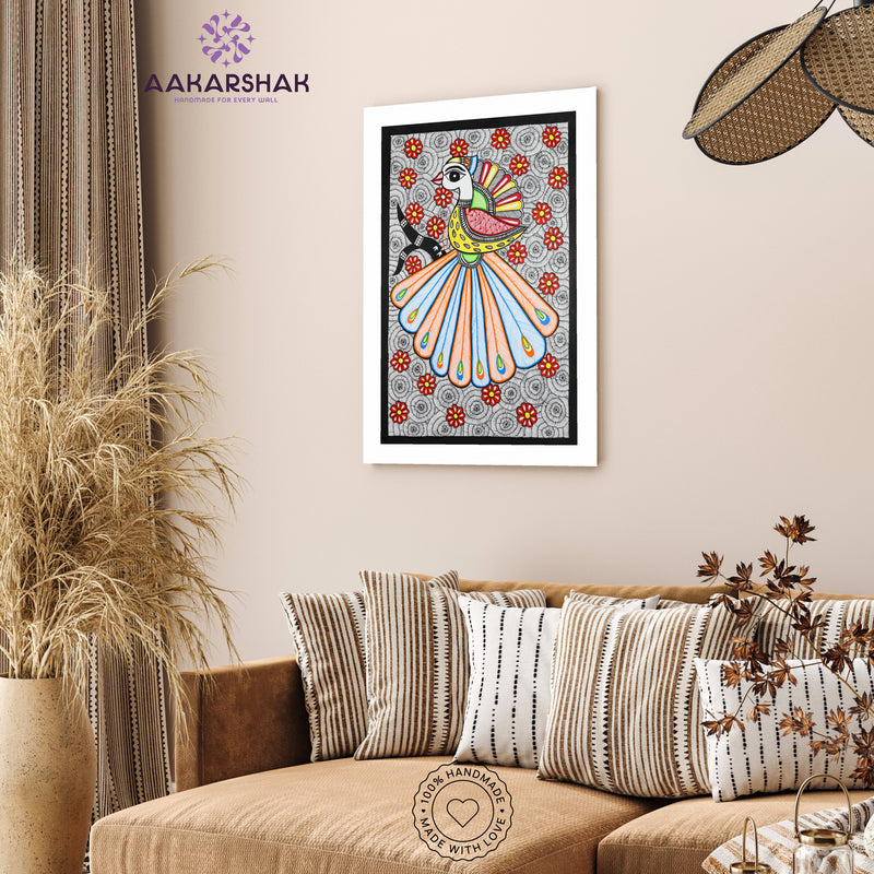 vibrant handmade peacock painting-depicting indian folk tradition