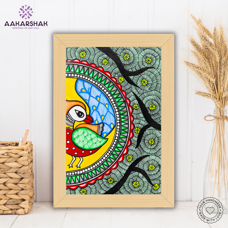 handmade madhubani painting peacock painting-with tabletop stand for home decor