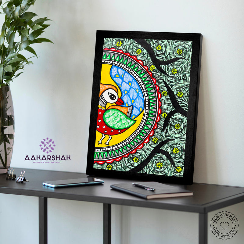 vibrant handmade peacock painting-depicting indian folk traditions