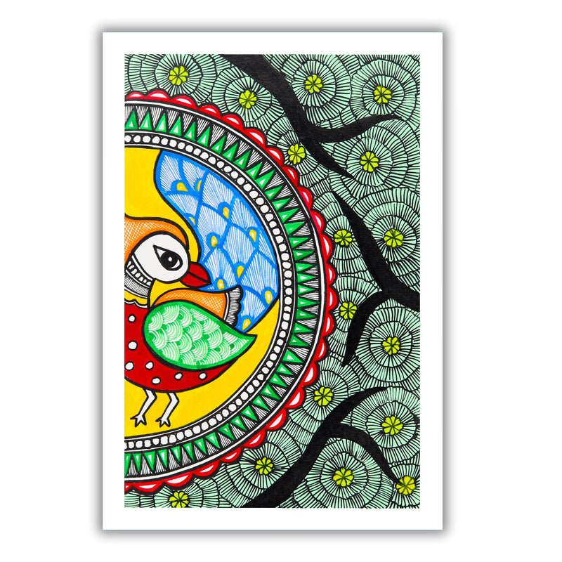 handmade madhubani painting painting peacock-in vibrant traditional folk art style