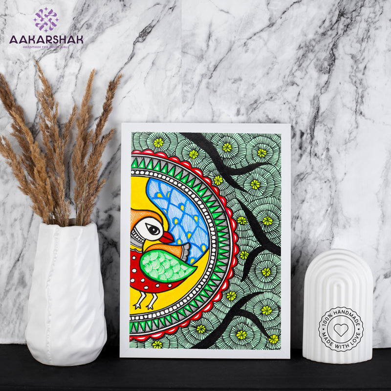 handmade madhubani painting peacock painting-with tabletop stand for home decor
