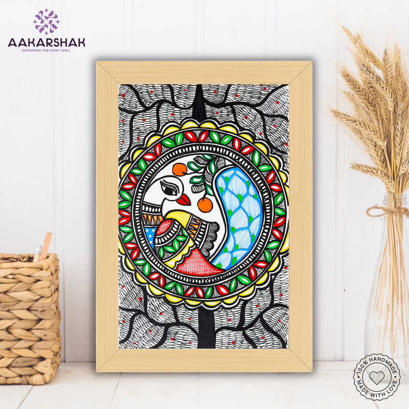 handmade madhubani painting peacock painting-with tabletop stand for home decor