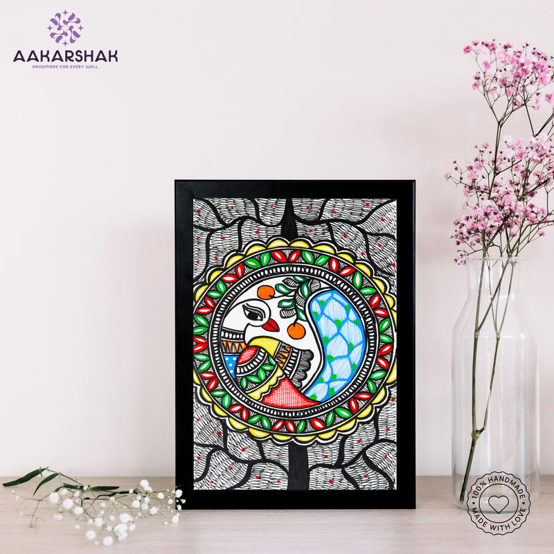 handmade madhubani painting peacock painting-with tabletop stand for home decor