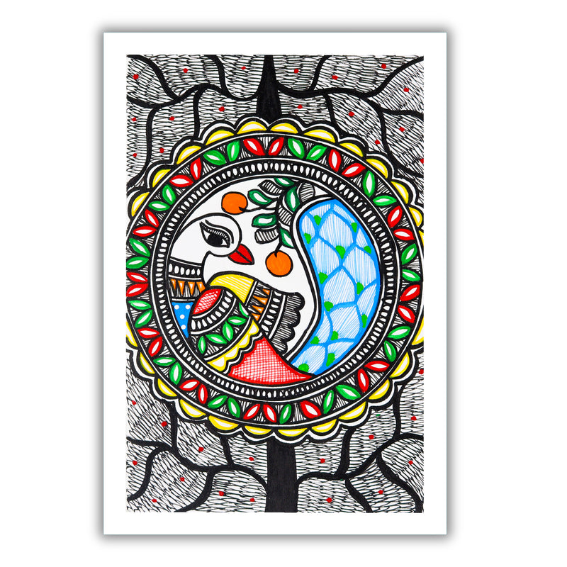 handmade madhubani painting painting peacock-in vibrant traditional folk art style