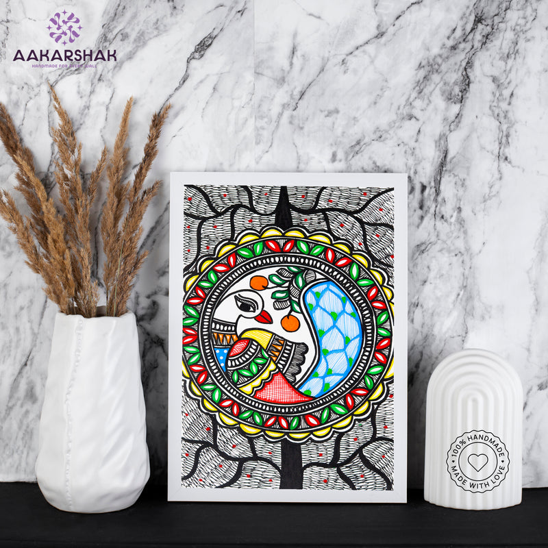 handmade madhubani painting peacock painting-with tabletop stand for home decor