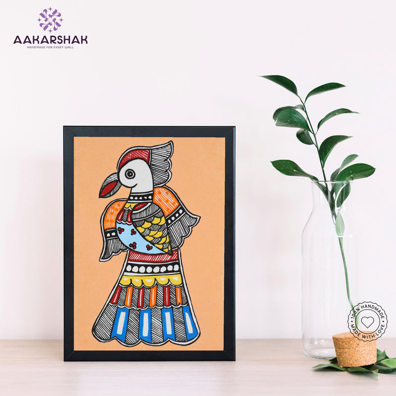 Handmade Madhubani peacock painting-with tabletop stand for home decor