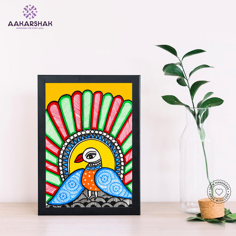 Handmade Madhubani peacock painting-with tabletop stand for home decor