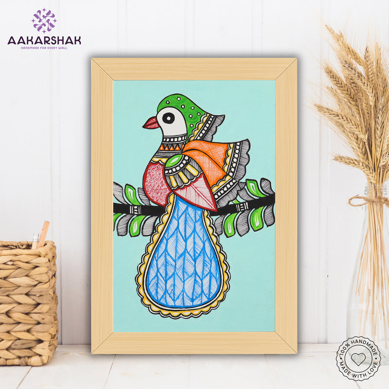handmade madhubani painting peacock painting-with tabletop stand for home decor