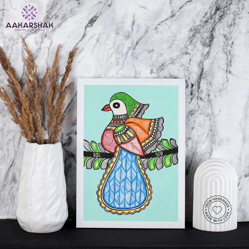 handmade madhubani painting peacock painting-with tabletop stand for home decor