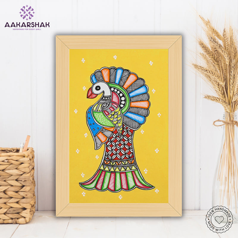 handmade madhubani painting peacock painting-with tabletop stand for home decor